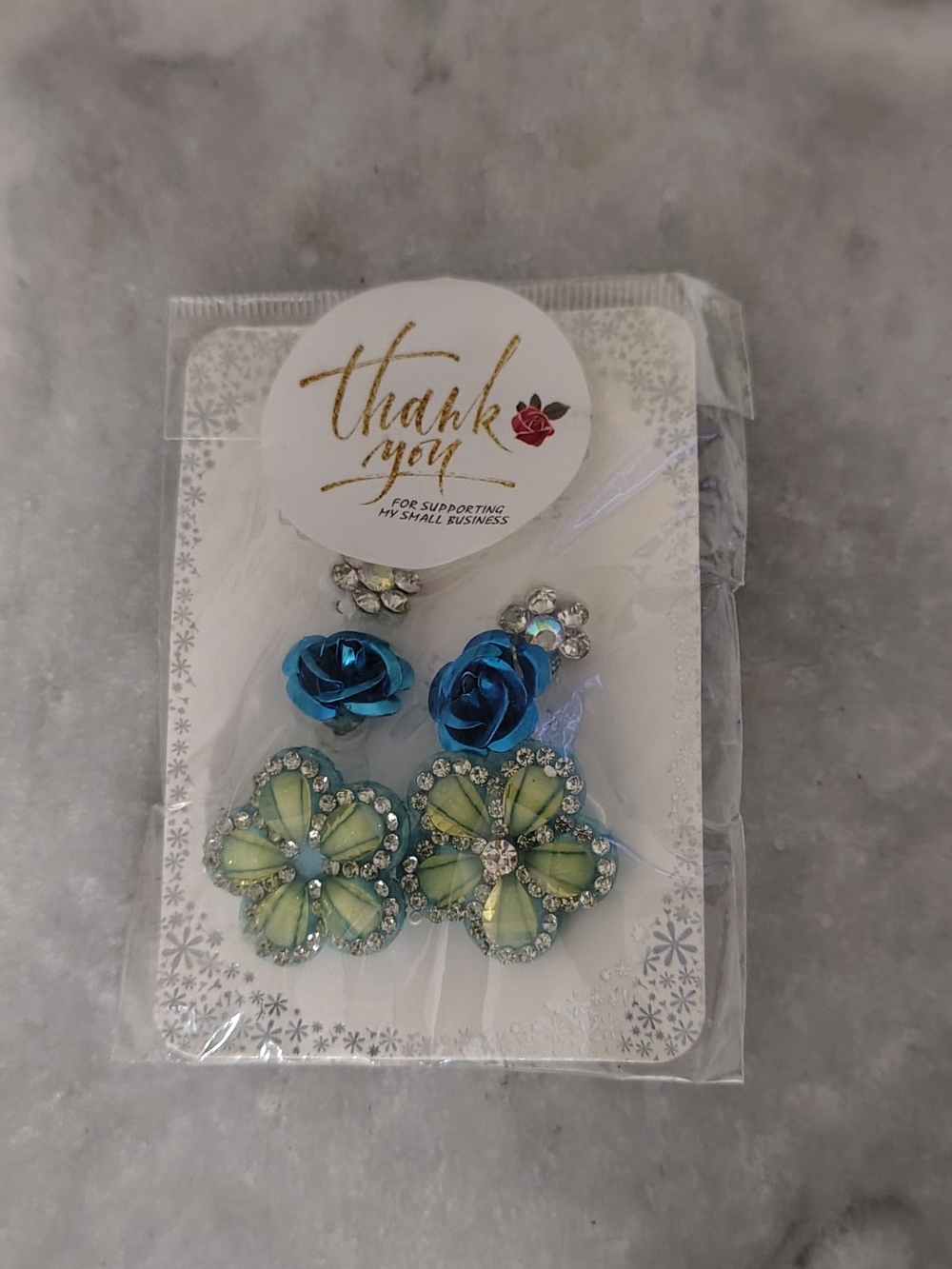 Blue Rose & Green Floral Crystal Drop earrings